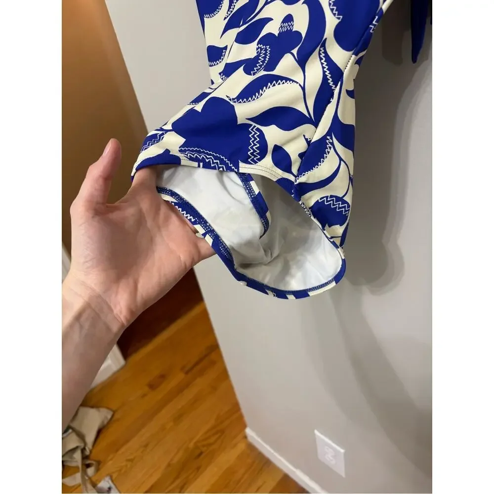NEW Kate Spade Zigzag Blue and White Floral Bow-Strap V-Neck One-Piece - Size L